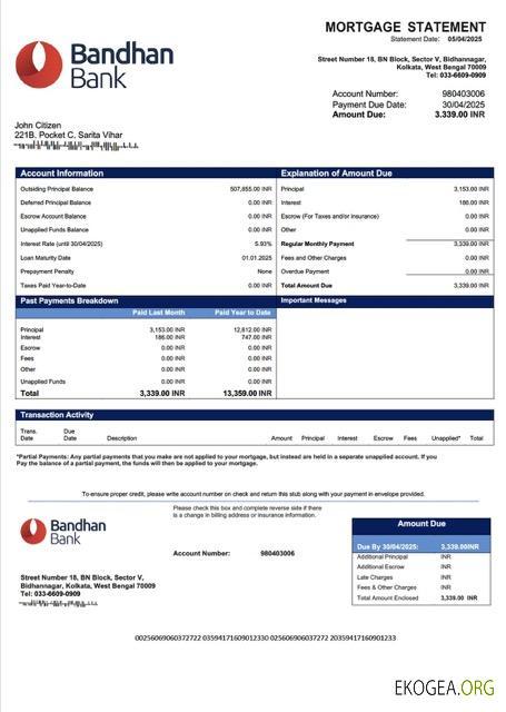 Modèle Word et PDF de relevé hypothécaire de la Bandhan Bank de l'Inde